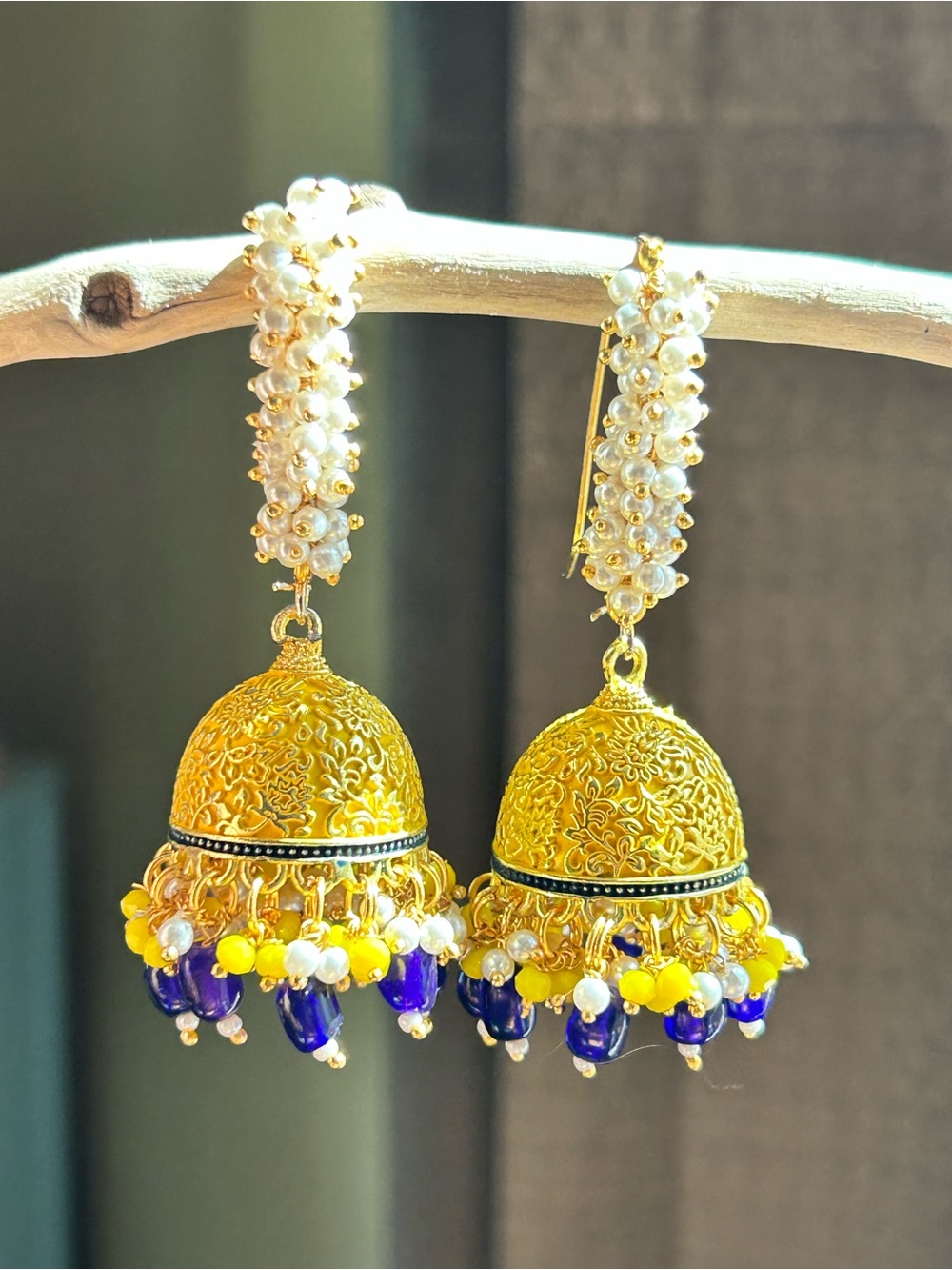 Gold-Tone Yellow & Blue Pearl Cluster Jhumka Earrings by